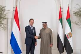 ABU DHABI, UNITED ARAB EMIRATES - September 26, 2023: HH Sheikh Mohamed bin Zayed Al Nahyan, President of the United Arab Emirates (R), stands for a photograph with HE Mark Rutte, Prime Minister of the Netherlands (L), prior to a meeting, at Al Shati Palace.

( Mohamed Al Hammadi / UAE Presidential Court )
---