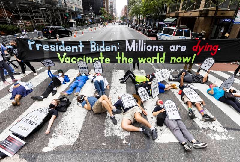 Protesters block 2nd Avenue near the UN's headquarters, calling on US President Joe Biden and the international community to help provide wider access to Covid-19 vaccines. EPA