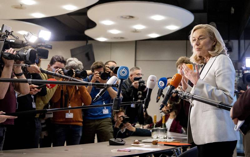 Democrats 66 party leader Sigrid Kaag speaks the press at a meeting of D66 in the Thorbeckezaal in The Hague, on March 18, 2021, the day after the Dutch parliamentary elections. Dutch Prime Minister Mark Rutte claimed an "overwhelming" victory in elections on March 18, 2021, vowing to use his fourth term in office to rebuild the country after the coronavirus pandemic. - Netherlands OUT
 / AFP / ANP / Remko de Waal
