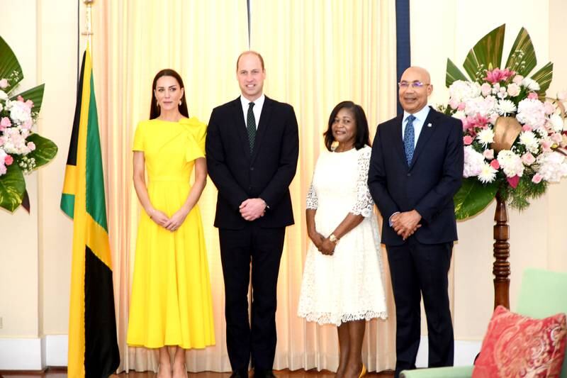 Prince William and Kate pose with the Governor General of Jamaica, Patrick Allen, and his wife, Patricia, at Government House in Kingston. EPA