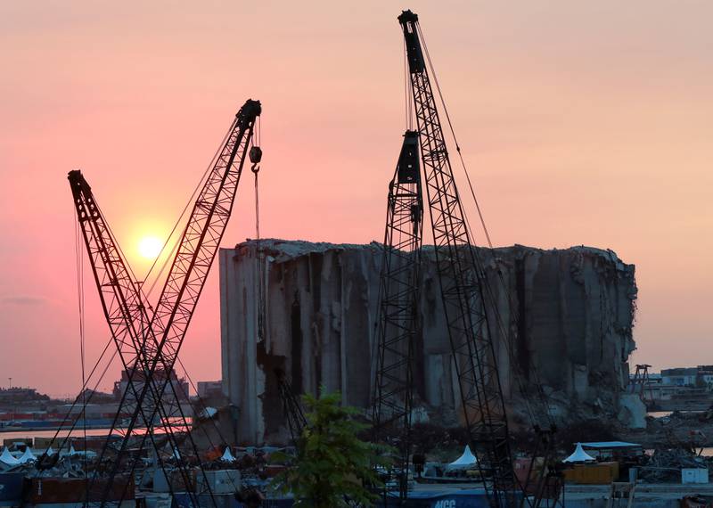 The grain silo that was damaged in the Beirut port blast in 2020, photographed at sunset on July 29, 2021.  Reuters