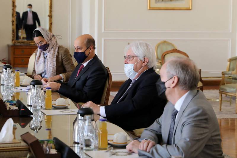 Martin Griffiths, United Nations Special Envoy for Yemen meets with Iran's Foreign Minister Mohammad Javad Zarif, in Tehran Iran February 8, 2021. Iran's Foreign Ministry/WANA (West Asia News Agency)/Handout via REUTERS ATTENTION EDITORS - THIS IMAGE HAS BEEN SUPPLIED BY A THIRD PARTY