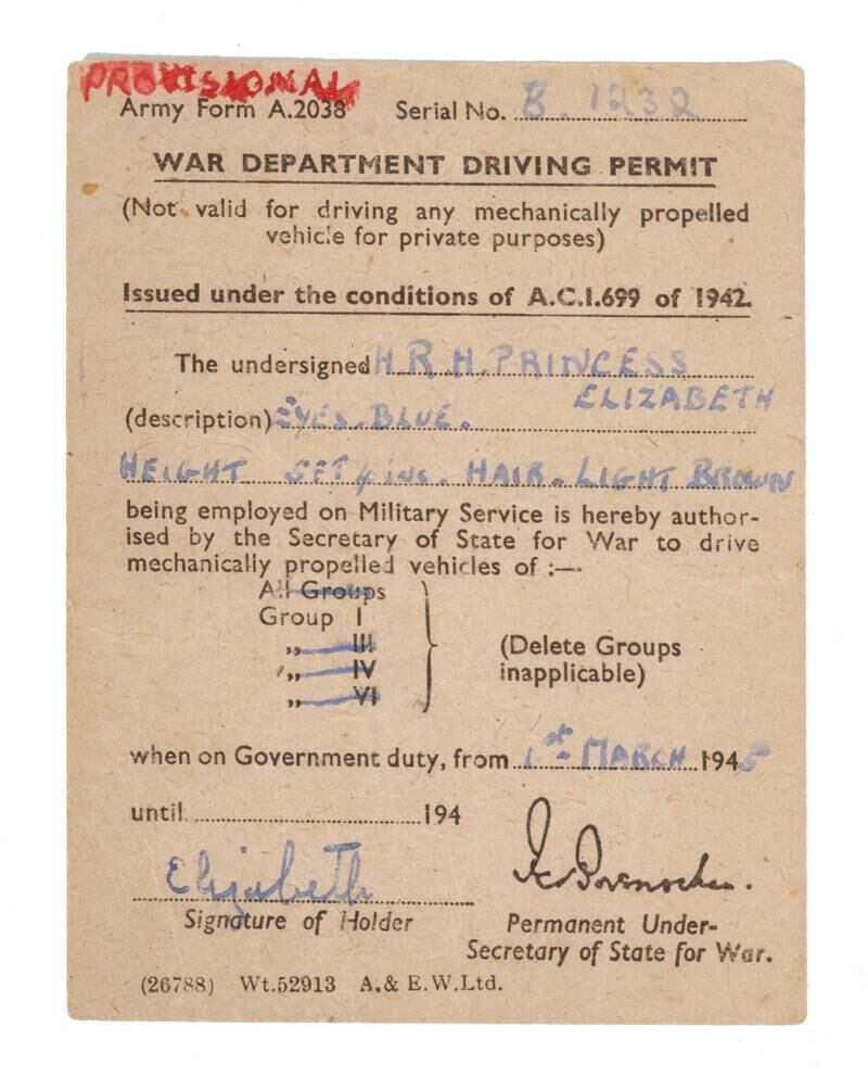 The lot also includes Princess Elizabeth's 1945 military provisional driving licence.