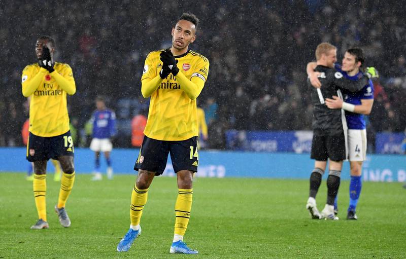 LEICESTER, ENGLAND - NOVEMBER 09: Pierre-Emerick Aubameyang of Arsenal in action after the Premier League match between Leicester City and Arsenal FC at The King Power Stadium on November 09, 2019 in Leicester, United Kingdom. (Photo by Ross Kinnaird/Getty Images)