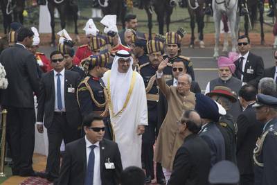 Sheikh Mohamed bin Zayed, Crown Prince of Abu Dhabi and Deputy Supreme Commander of the UAE Armed Forces, Narendra Modi, prime minister of India, right, and Pranab Mukherjee, president of India, second right, attend the India Republic Day Parade 2017, on Rajpath, New Delhi. Mohamed Al Hammadi / Crown Prince Court - Abu Dhabi
