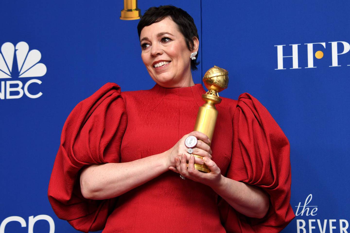 epa08106362 Olivia Colman holds the award for Best Performance by an Actress in a Television Series - Drama for 'The Crown' in the press room during the 77th annual Golden Globe Awards ceremony at the Beverly Hilton Hotel, in Beverly Hills, California, USA, 05 January 2020.  EPA/CHRISTIAN MONTERROSA