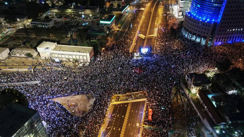 Aerial picture shows a protest against the Israeli government's controversial judicial reform bill in Tel Aviv.  AFP