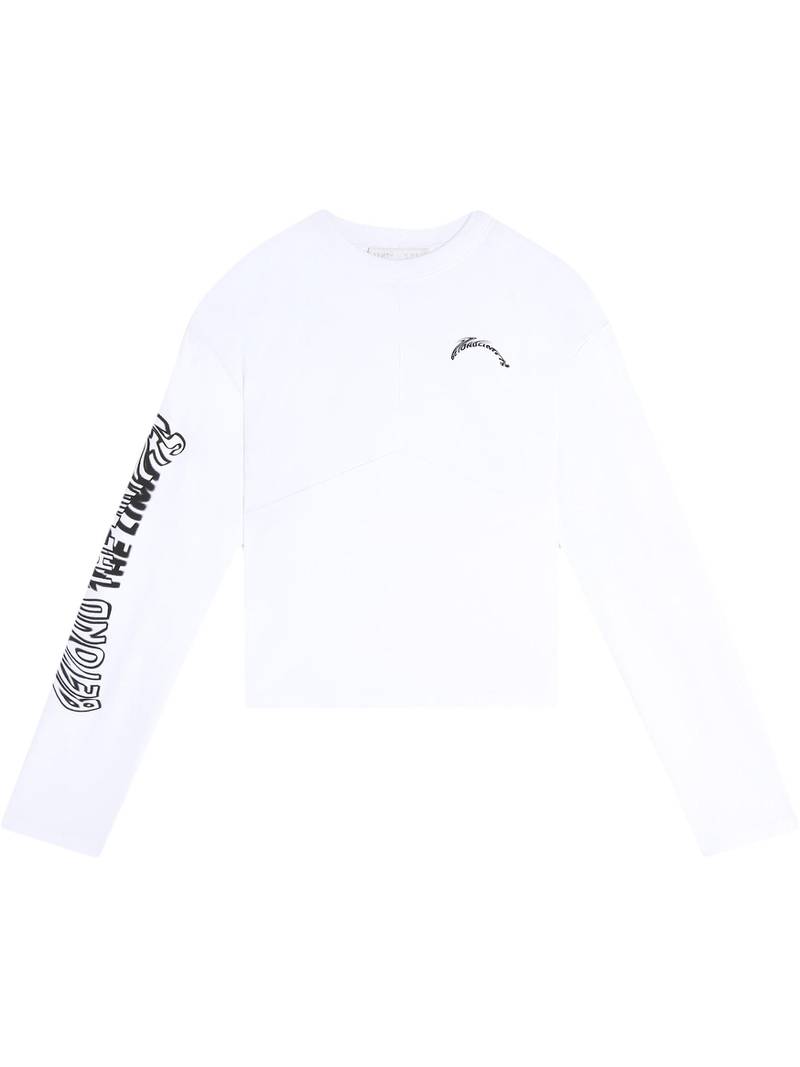 This long-sleeved tee features “Beyond the limits” emblazoned on one sleeve. Courtesy of Fenty