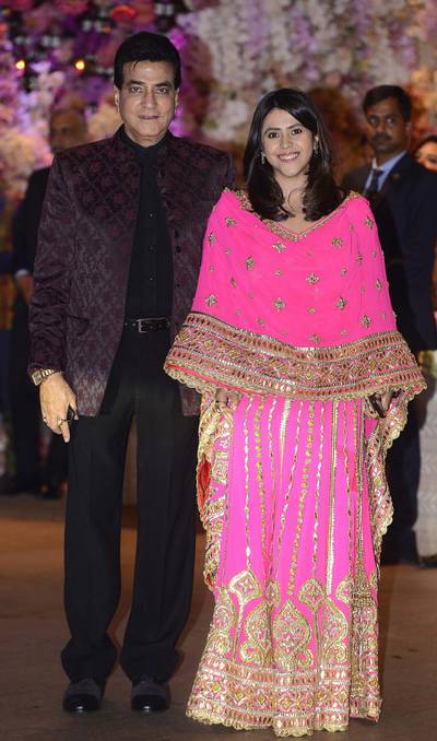 Jeetendra with daughter Ekta Kapoor at the engagement party of India's richest man and Reliance Industries Limited Chairman, Mukesh Ambani’s eldest son Akash Ambani and fiancee Shloka Mehta, in Mumbai on June 30, 2018.  AFP