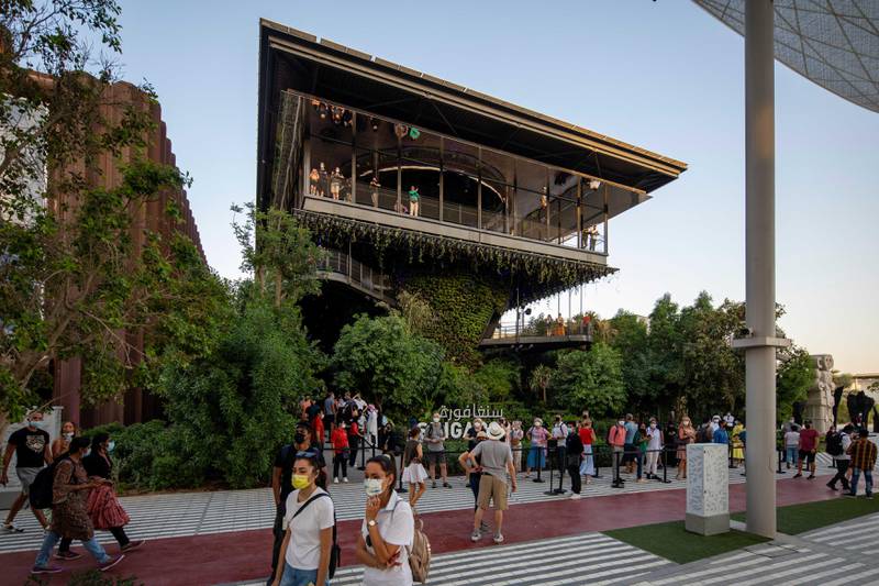 The Singapore pavilion is recognisable with its many trees and bushes. Photo: Katarina Premfors / Expo 2020 Dubai