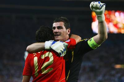 Iker Casillas, right, celebrates with teammate Santi Cazorla during Spain's victorious 2008 European Championship campaign. Getty