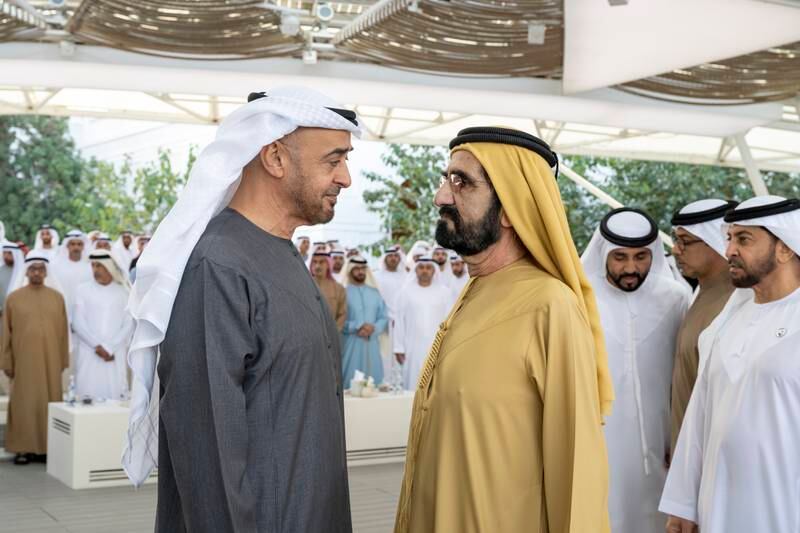 President Sheikh Mohamed speaks with Sheikh Mohammed bin Rashid, Vice President and Ruler of Dubai