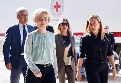 European Commission President Ursula von der Leyen and Italian Prime Minister Giorgia Meloni visit a reception centre for migrants on the island of Lampedusa, Italy, on September 17. Reuters
