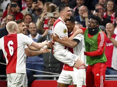 Sebastien Haller of Ajax celebrates with teammates after scoring against Heerenveen in Amsterdam. EPA