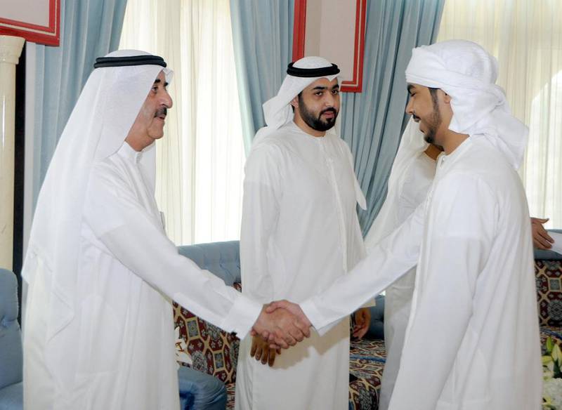 Sheikh Saud bin Rashid Al Mualla, Supreme Council Member and Ruler of Umm Al Qaiwain, receives sheikhs, tribal dignitaries, officials and citizens on the occasion of Eid Al Fitr. Wam