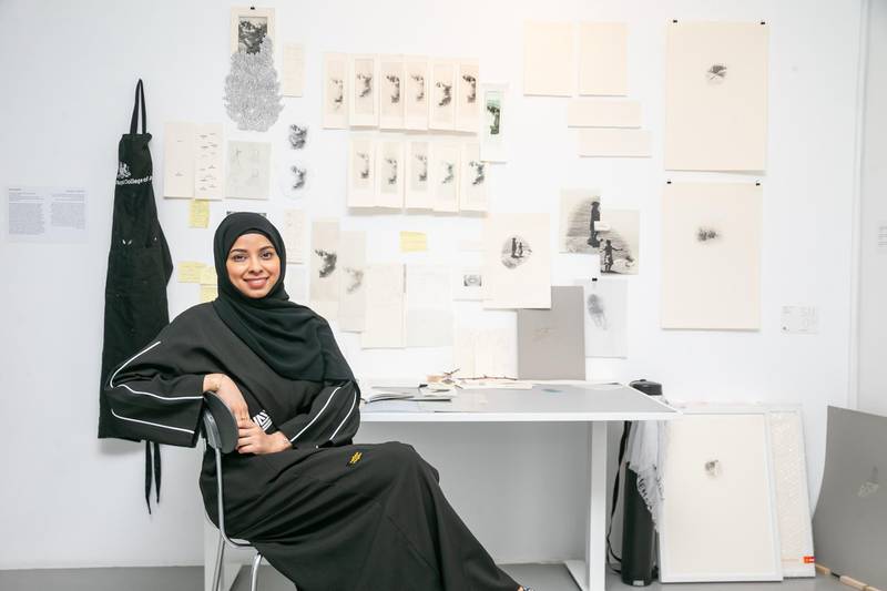 Salama Nasib in the replica of her studio for Tashkeel’s The Alumni Return. Courtesy Tashkeel