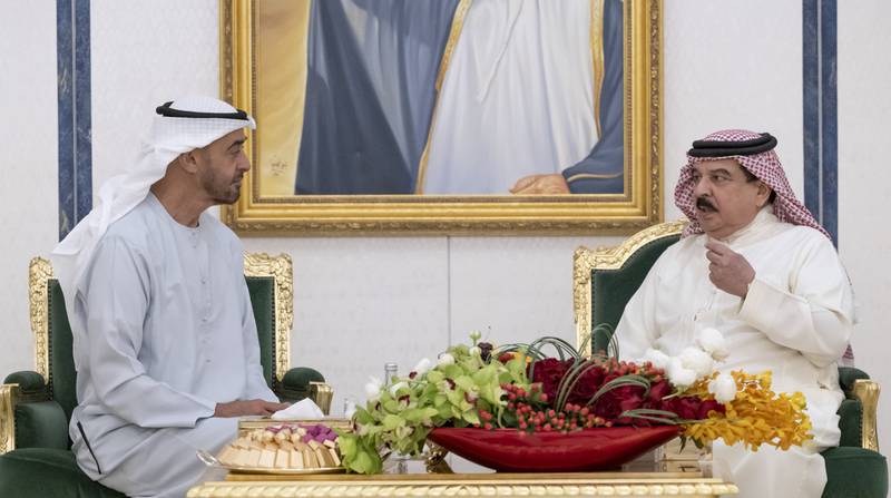 Sheikh Mohamed bin Zayed, Crown Prince of Abu Dhabi and Deputy Supreme Commander of the Armed Forces, with King Hamad of Bahrain. Hamad Al Kaabi / Ministry of Presidential Affairs