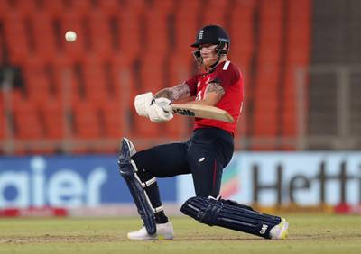 England's Ben Stokes plays a shot on his way to 46 from 23 balls. AP
