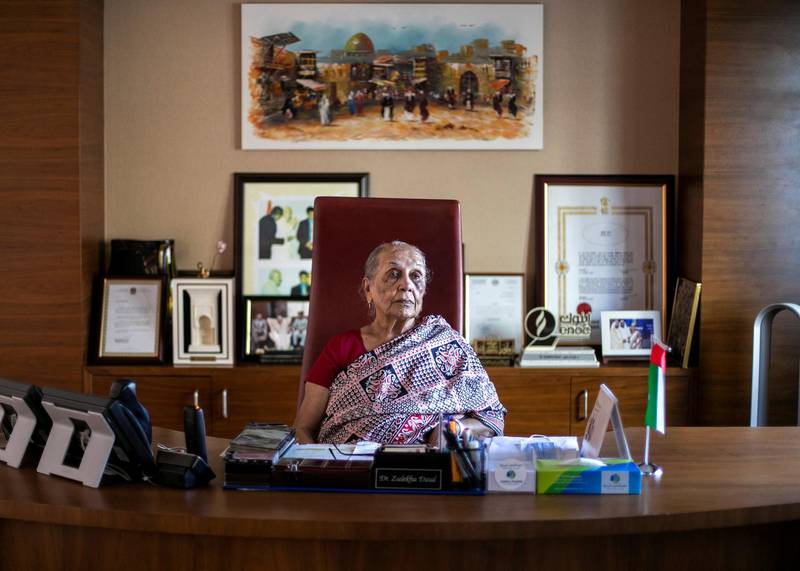 SHARJAH, UNITED ARAB EMIRATES. 16 NOVEMBER 2020. Dr Zulekha Daud, 81, chairwoman of the Zulekha Healthcare Group, affectionately known as Mama Zulekha, witnessed not only the birth of a nation but delivered about 10,000 children during her 55-year stay in the Emirates.She founded two hospitals in Sharjah and Dubai.(Photo: Reem Mohammed/The National)Reporter:Section: