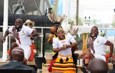 Artists perform during Uganda's Expo national day celebrations at Al Wasl Plaza. Photo: Pawan Singh / The National
