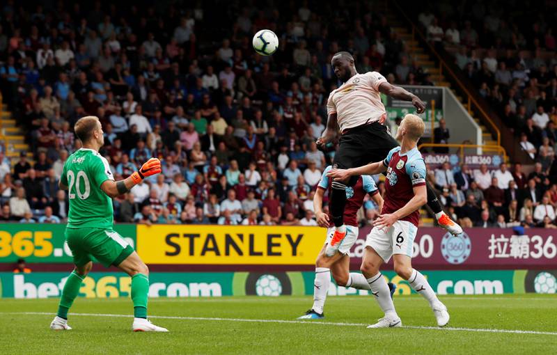 Soccer Football - Premier League - Burnley v Manchester United - Turf Moor, Burnley, Britain - September 2, 2018  Manchester United's Romelu Lukaku scores their first goal   Action Images via Reuters/Lee Smith  EDITORIAL USE ONLY. No use with unauthorized audio, video, data, fixture lists, club/league logos or "live" services. Online in-match use limited to 75 images, no video emulation. No use in betting, games or single club/league/player publications.  Please contact your account representative for further details.