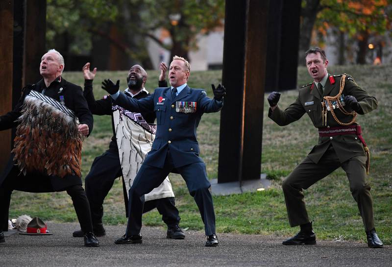Members of the New Zealand armed forces perform the ‘Haka’ during the dawn service. AFP