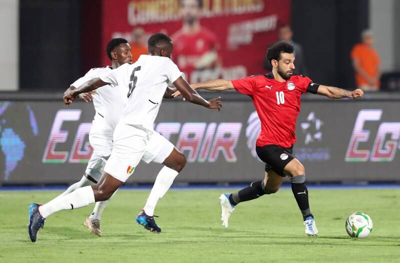 Mohamed Salah on the ball as Guinea's Mouctar Diakhaby attempts to apply pressure. EPA