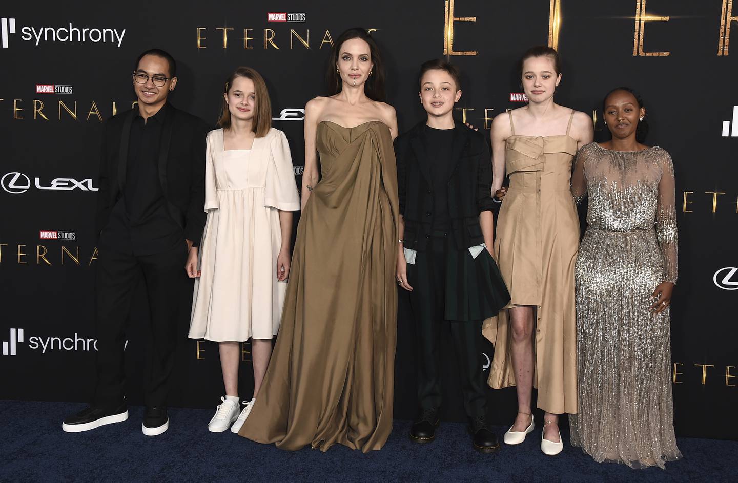 From left, Maddox Jolie-Pitt, Vivienne Jolie-Pitt, Angelina Jolie, Knox Jolie-Pitt, Shiloh Jolie-Pitt, and Zahara Jolie-Pitt arrive at the Los Angeles premiere of 'Eternals' on October 18. AP Photo