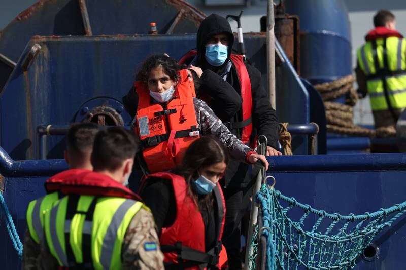 Migrants arrive in Dover, south-east England, after being picked up by UK Border Force. Getty