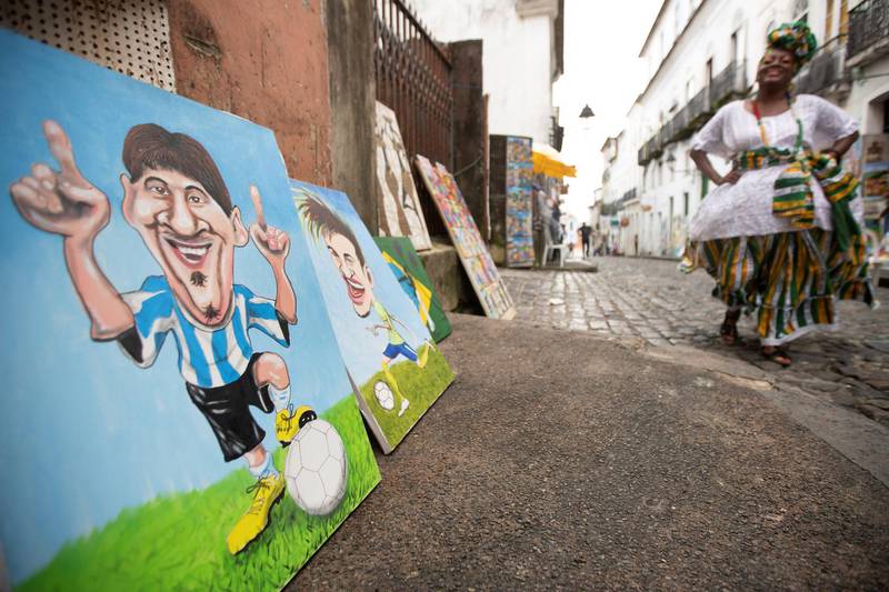 Caricatures of Argentina captain Lionel Messi and Brazil's Neymar in Pelourinho, historical centre of Salvador, Brazil. EPA