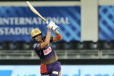 Shubman Gill of Kolkata Knight Riders hit the sixes during match 12 of season 13 of the Dream 11 Indian Premier League (IPL) between the Rajasthan Royals and the Kolkata Knight Riders held at the Dubai International Cricket Stadium, Dubai in the United Arab Emirates on the 30th September 2020.  Photo by: Saikat Das  / Sportzpics for BCCI