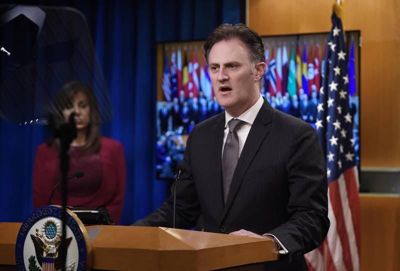 Nathan Sales, ambassador-at-large and coordinator for counterterrorism at the State Department speaks during a briefing at the State Department in Washington, DC, on November 14, 2019. - US Secretary Mike Pompeo hosted the Global Coalition to Defeat ISIS Small Group Ministerial, at the State Department. (Photo by Olivier Douliery / AFP)