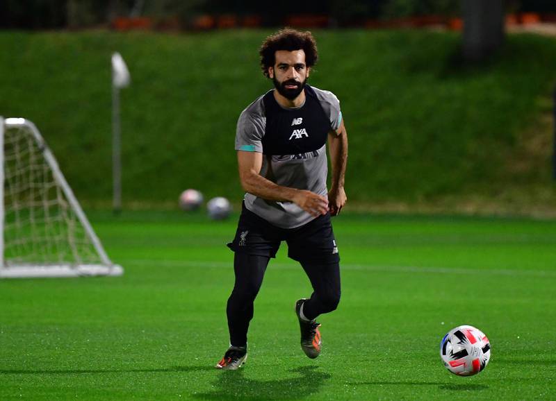 Liverpool's Egyptian midfielder Mohamed Salah takes part in a team training session at Qatar University stadium in the capital Doha on December 16, 2019, ahead of the December 18 FIFA Club World Cup football match against Mexico's Monterrey. / AFP / Giuseppe CACACE
