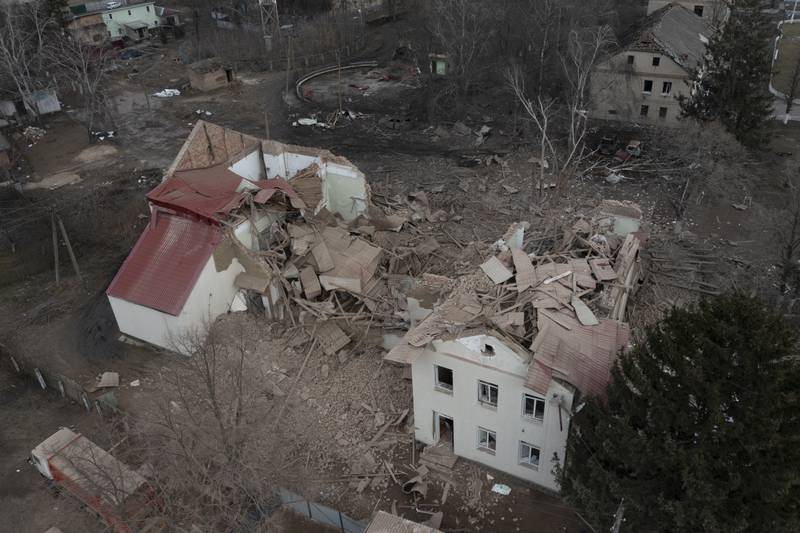 An aerial view of the remains of the local house of culture following a night air raid in the village of Byshiv, 40 kilometres west of Kyiv, Ukraine. AP