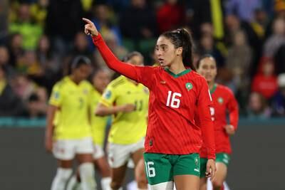 Anissa Lahmari of Morocco celebrates after scoring the opening goal in their Women's World Cup match against Colombia in Perth on Thursday, August 3, 2023. EPA