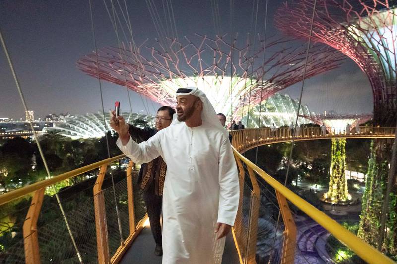 SINGAPORE, SINGAPORE - February 28, 2019: HH Sheikh Mohamed bin Zayed Al Nahyan, Crown Prince of Abu Dhabi and Deputy Supreme Commander of the UAE Armed Forces (C) tours Gardens by the Bay. Seen with Felix Loh, Chief Executive Officer of Gardens by the Bay (back C).

( Ryan Carter for the Ministry of Presidential Affairs )
---