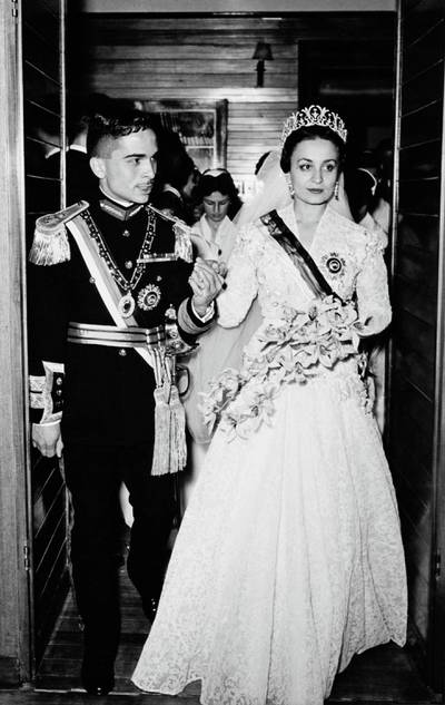 King Hussein (1935 - 1999) weds Princess Dina bint 'Abdu'l-Hamid in Jordan, 18th April 1955. (Photo by Hulton Archive/Getty Images)
