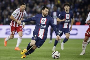Paris Saint Germain's Lionel Messi in action during the French Ligue 1 soccer match between PSG and AC Ajaccio at the Parc des Princes stadium in Paris, France, 13 May 2023.   EPA / CHRISTOPHE PETIT TESSON