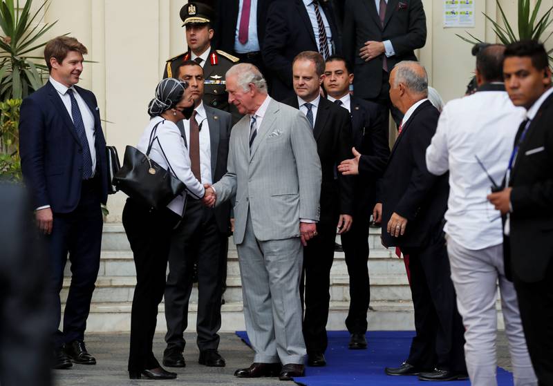 Prince Charles is greeted by Egypt's Environment Minister, Dr Yasmine Fouad, on a visit to a Sustainable Markets Initiative event in Tahrir Square, downtown Cairo. Reuters