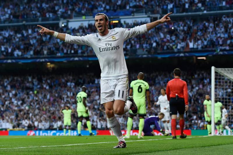 Gareth Bale celebrates Real Madrid scoring in the Champions League semi-final, second leg against Manchester City at the Santiago Bernabeu on May 4, 2016. Getty