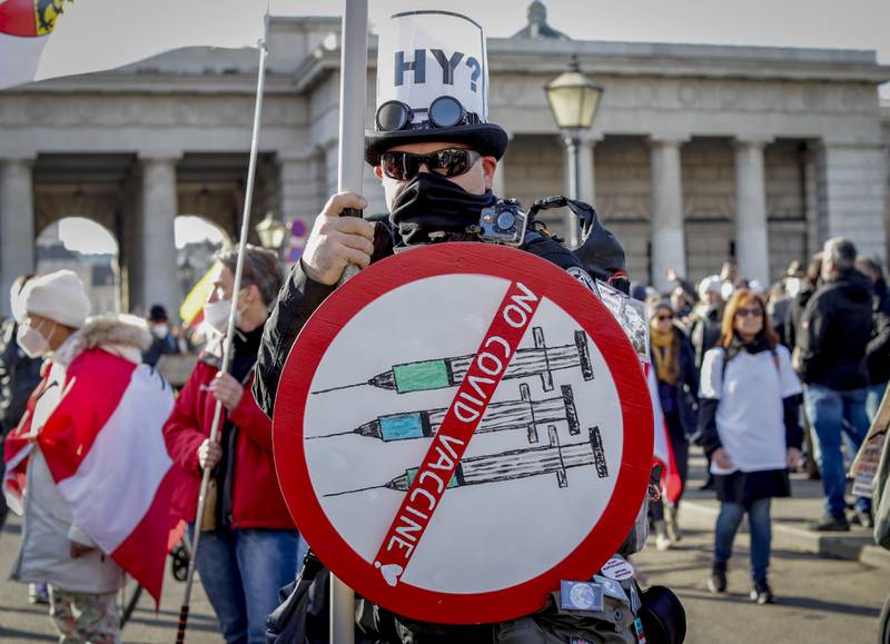 A man takes part in a demonstration against coronavirus restrictions in Vienna, Austria. AP Photo