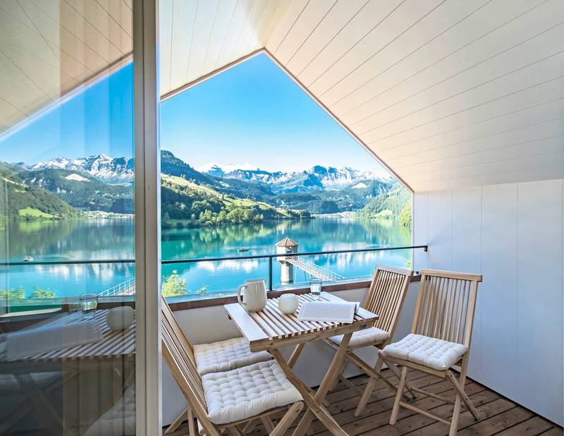 Lakeside views abound at this cosy farmhouse in Obwalden, Switzerland. Photo: Airbnb