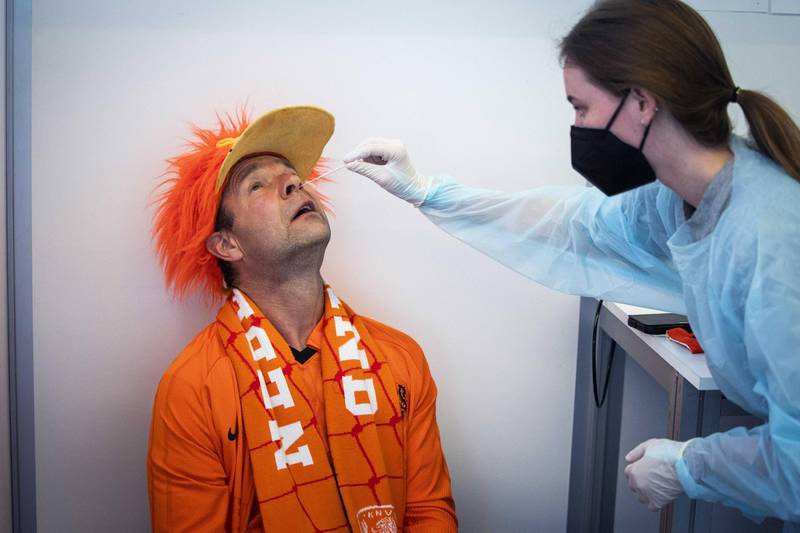 A Netherlands' fan gets tested  before the UEFA EURO 2020 match between the Netherlands and Ukraine in Amsterdam, The Netherland. EPA