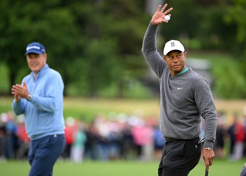 LIMERICK, IRELAND - JULY 05: Tiger Woods of the USA waves to the crowd on the 18th green during Day Two of the JP McManus Pro-Am at Adare Manor on July 05, 2022 in Limerick, Ireland. (Photo by Ross Kinnaird / Getty Images)
