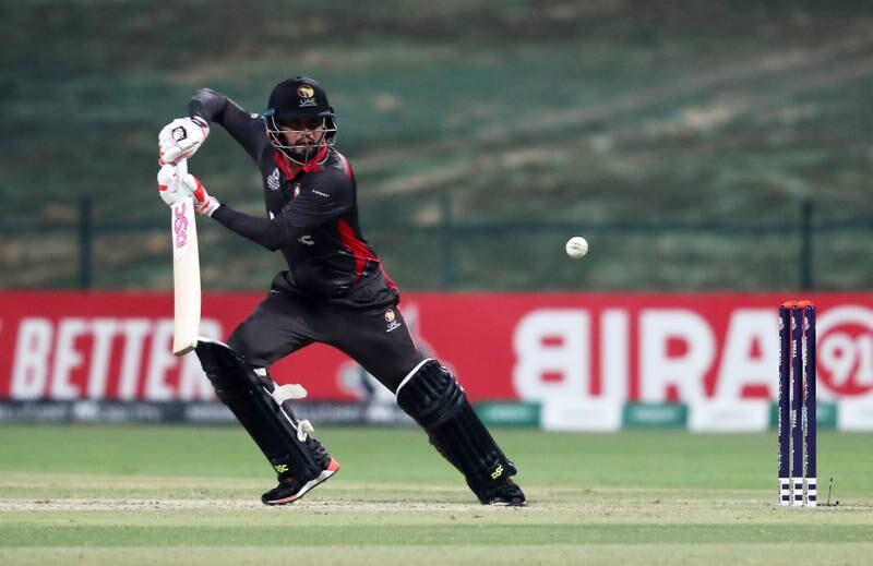 ABU DHABI , UNITED ARAB EMIRATES , October 19  – 2019 :- Rohan Mustafa of UAE playing a shot during the World Cup T20 Qualifiers between UAE v Ireland held at Zayed Cricket Stadium in Abu Dhabi.  ( Pawan Singh / The National )  For Sports. Story by Amith