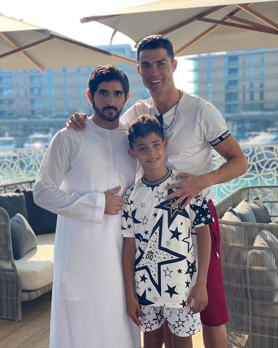 Sheikh Hamdan bin Mohammed, Crown Prince of Dubai, with Cristiano Ronaldo and his son, Cristiano Jr, when the sports star was in Dubai over the Christmas break in 2019. Instagram/Cristiano Ronaldo 