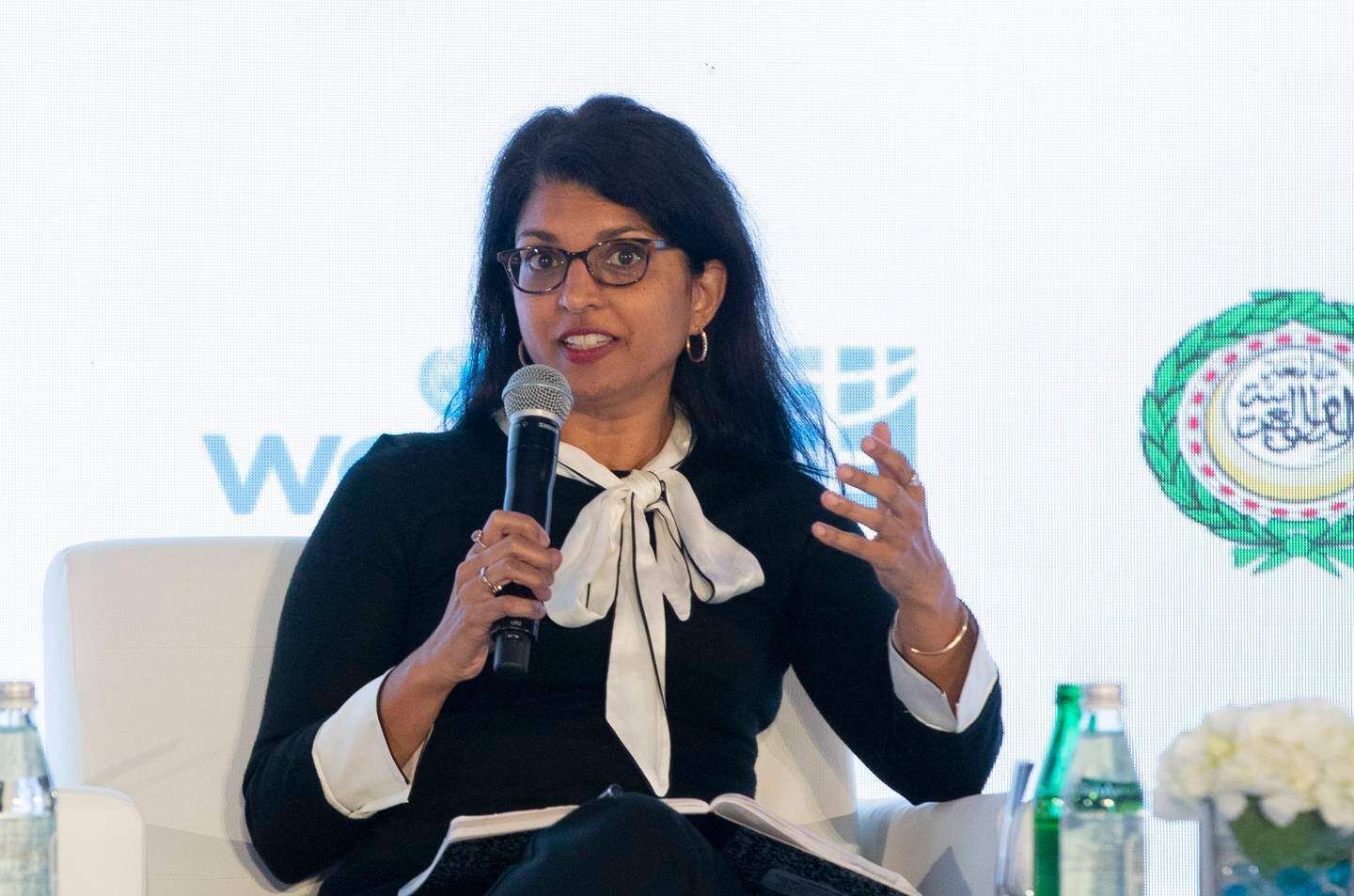 Sahana Dharmapuri speaking at the UN Conference on Women, Peace and Security in Abu Dhabi. Photo: Ruel Pablo / The National 