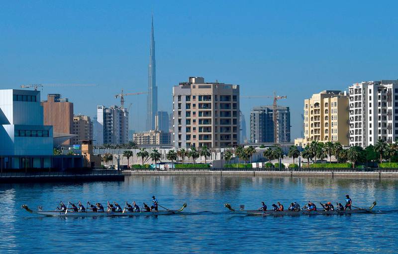 Teams compete in a race during the Dubai International Dragon Boat Festival at Festival City in the Gulf emirate of Dubai, on October 30, 2020.  
  


  







 




  

  / AFP / Karim SAHIB
