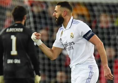 Karim Benzema of Real Madrid celebrates after scoring his team's 4th goal during the UEFA Champions League, Round of 16, 1st leg match between Liverpool FC and Real Madrid in Liverpool, Britain, 21 February 2023.   EPA / Peter Powell