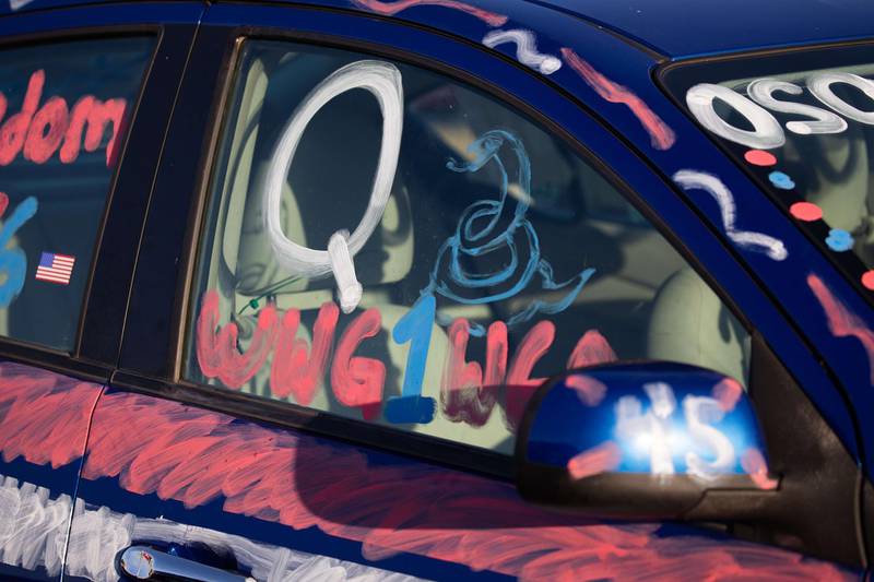 A car painted with QAnon references at a campaign rally for US President Donald Trump in Prescott, Arizona on October 19, 2020. AFP